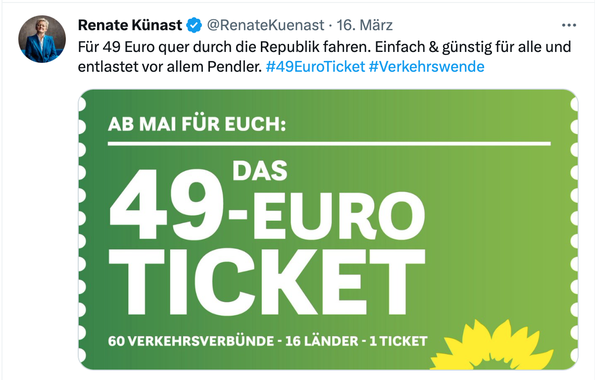 Renate Künast: Für 49 Euro quer durch die Republik fahren. Einfach und günstig für alle und entlastet vor allem Pendler.