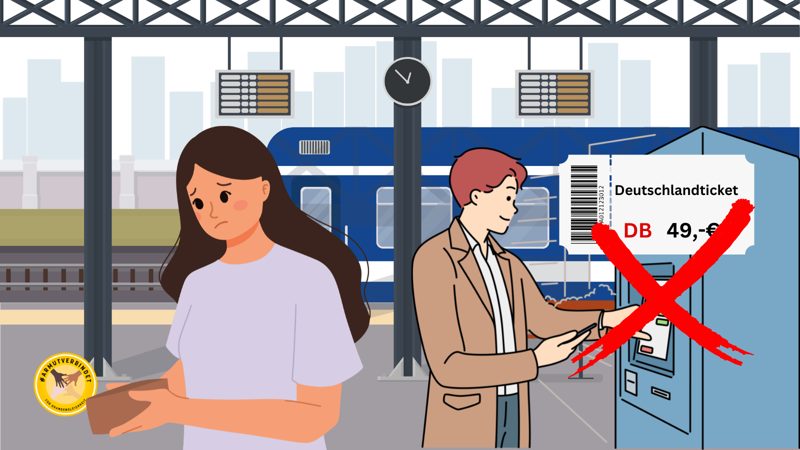 Bahnhof. Im Hintergrund ein Zug. Vorne ein Ticketautomat, wo jemand versucht das 49 Euro Ticket zu kaufen. Ein rotes X zeigt an, dass das nicht möglich ist.